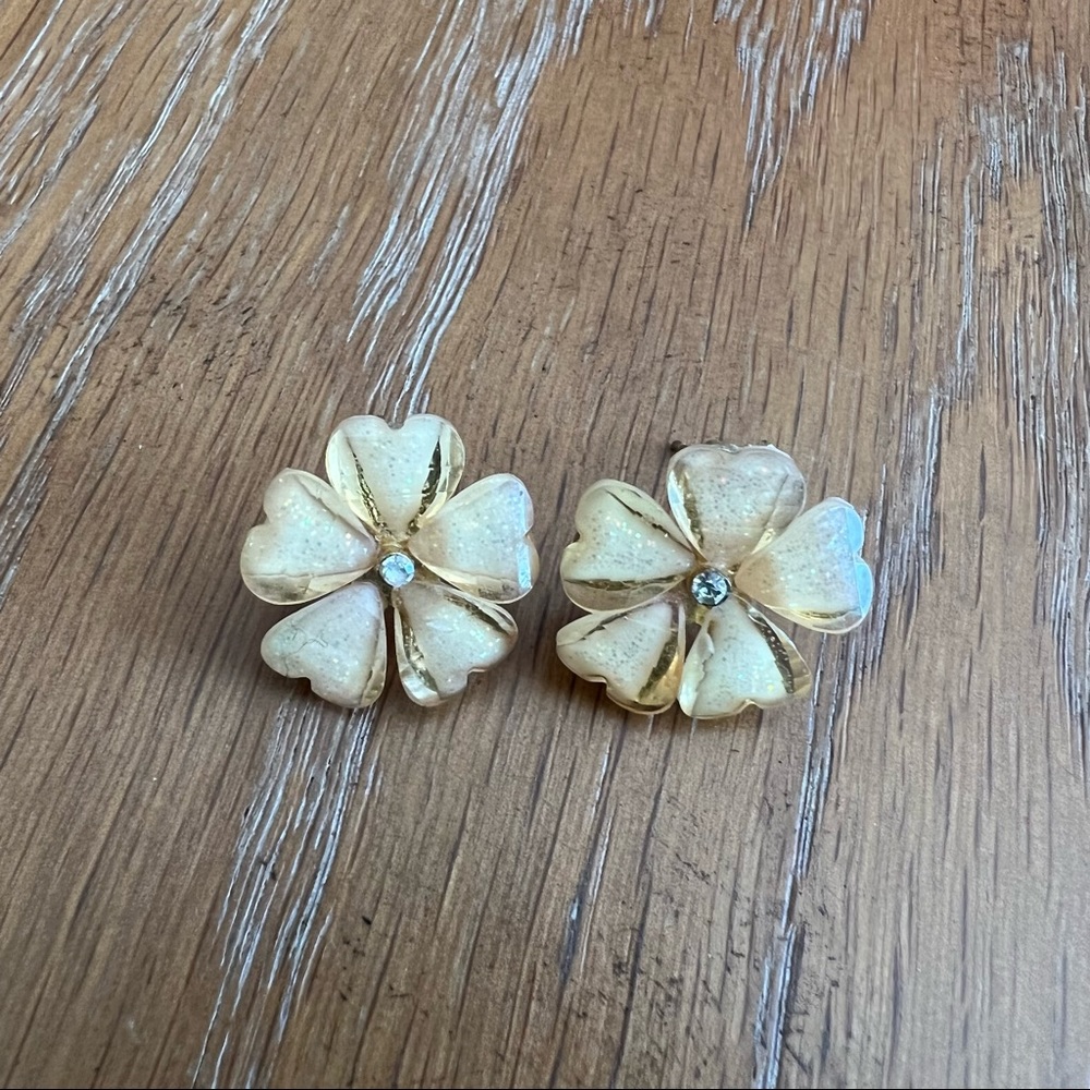 Vintage Golden Lucite Daisy Flower Statement Earrings w/ Rhinestone Centers